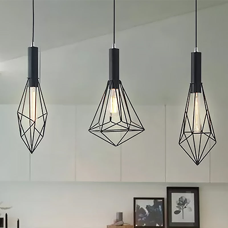 Retro Style Polygon Ceiling Light With Cage Shade - 3 Lights Black Metallic