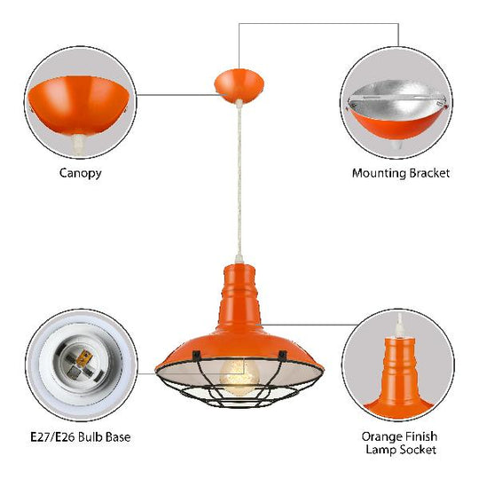 Industrial Metal Pendant Light Fixture With Wire Guard - Orange/Blue/Green Bowl Design