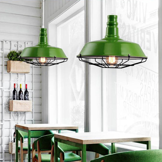 Industrial Metal Pendant Light Fixture With Wire Guard - Orange/Blue/Green Bowl Design