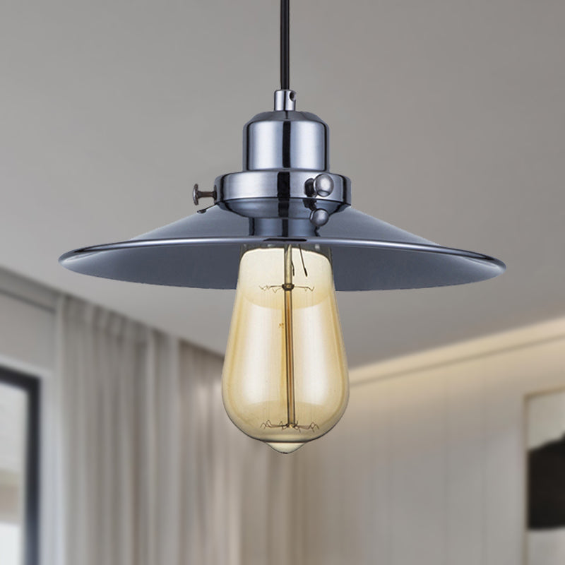 Industrial Retro Metal Pendant Light In Polished Chrome - Flared Shade 1-Bulb Hanging Lamp For