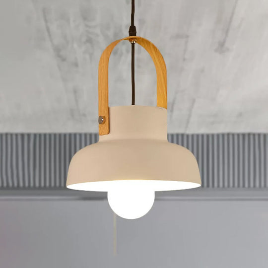 Retro Barn Pendant Lamp - 1-Light Metal Hanging Ceiling Light With Leather Strap In White/Grey/Black