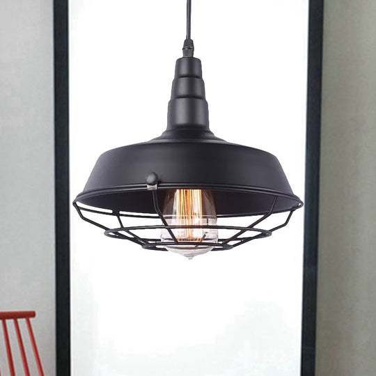 Vintage Wrought Iron Pendant Lighting: White Inner/Black Wire Guard With Barn Shade - 1 Light