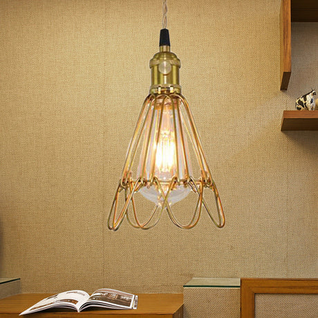 Vintage Brass Wire Pendant Lamp With Ruffled Edge - Metallic Living Room Light