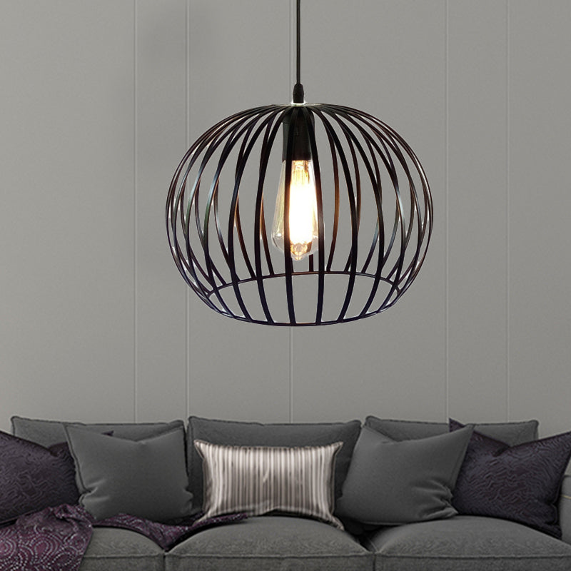 Industrial Metal Pendant Light In Satin Black - 12’/14’ Wide Globe Cage 1 Bulb Perfect For