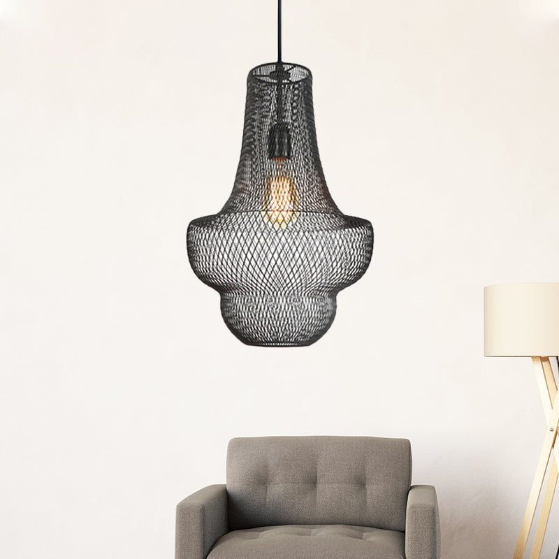 Industrial Black Mesh Cage Pendant Light - Modern Metal Hanging Lamp For Dining Room