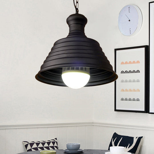 Industrial Metal 1-Light Bell Hanging Pendant Lamp With Ribbed Design & Bronze Finish - Ideal For