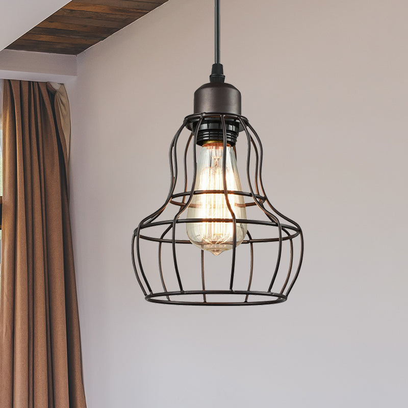 Bronze 1 Light Industrial Metal Wire Cage Pendant Lamp For Bedroom - Hanging Fixture
