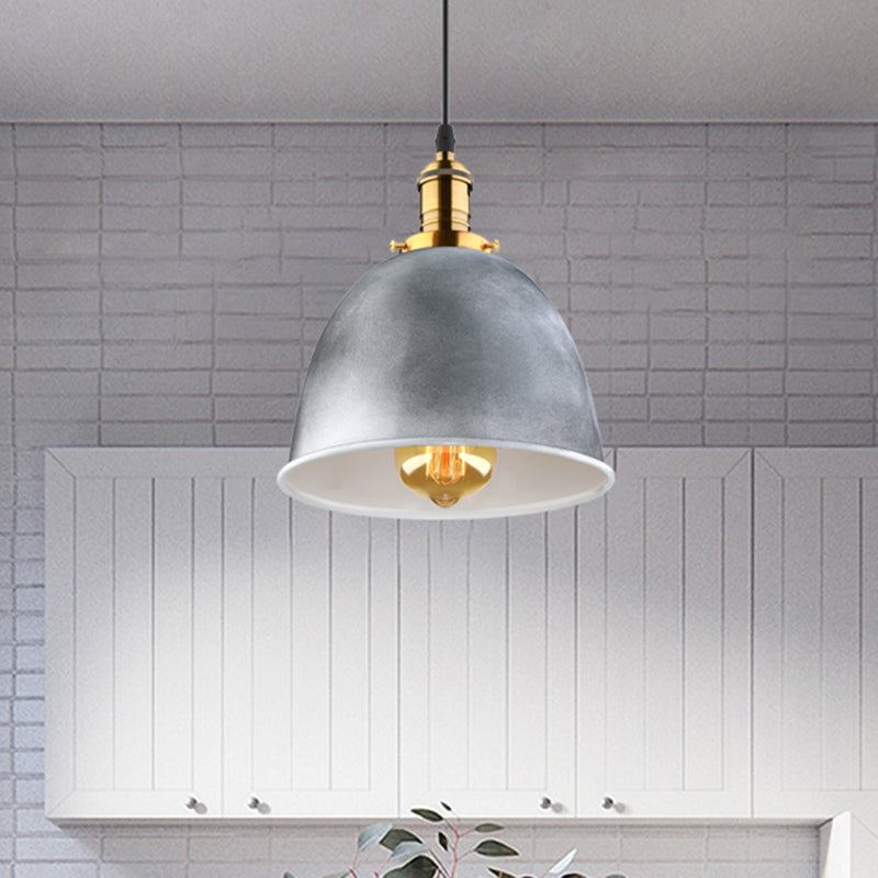 Industrial Style Gray Hanging Lamp With Metallic Dome Shade For Living Room