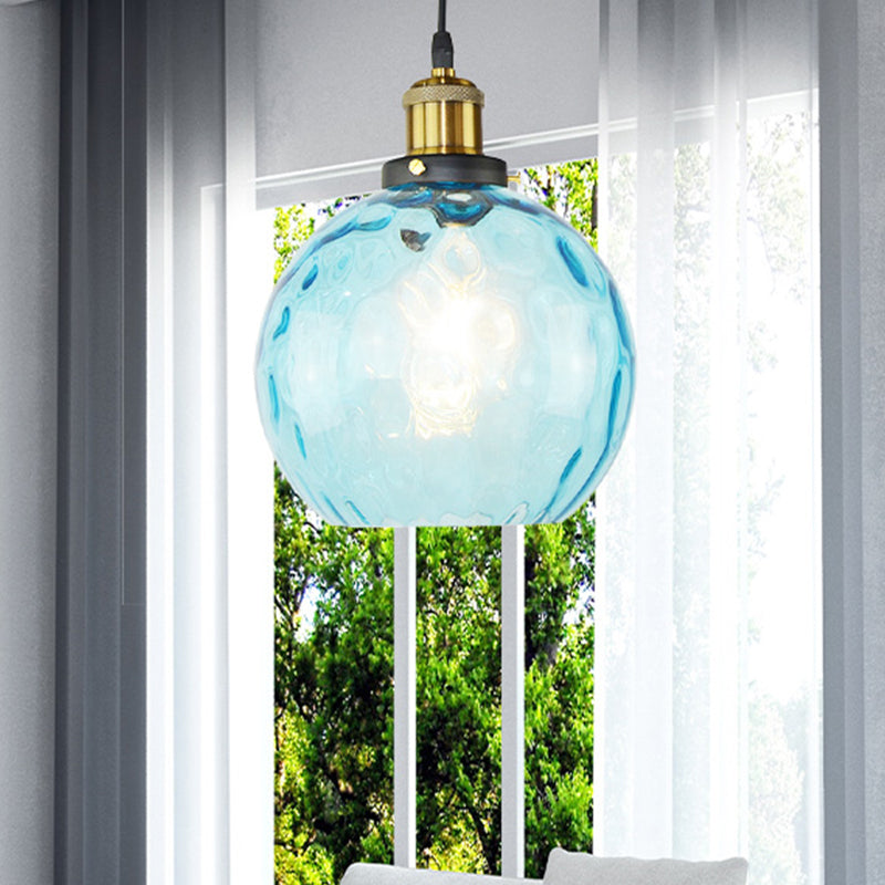 Industrial Globe Pendant Light With Blue Dimpled Glass Shade - 1 Ceiling Fixture For Living Room