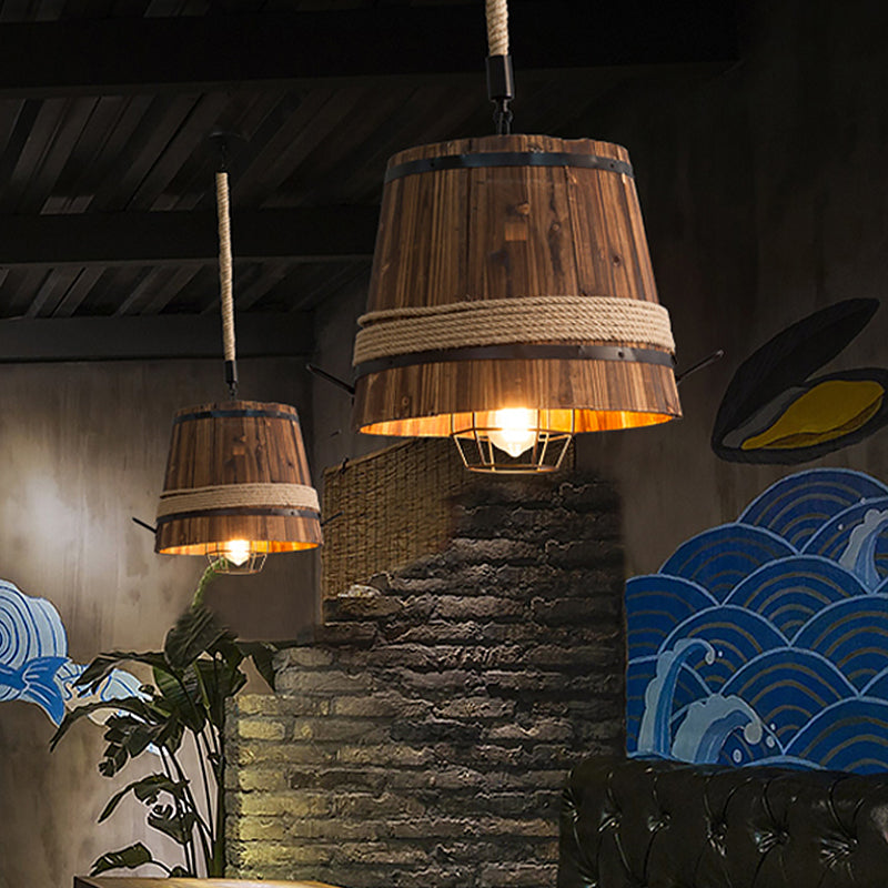 Rustic Wooden Bucket Pendant Light - Stylish Hanging Lamp For Bar
