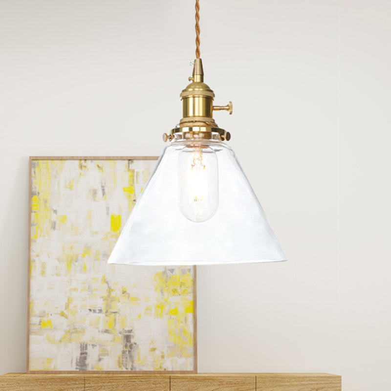 Farmhouse Brass Pendant Ceiling Light Fixture - Clear/Amber Glass Cone 1-Light For Living Room