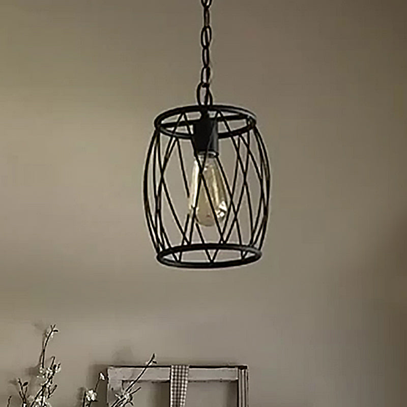 Industrial Metal Pendant Lamp With Black Wire Guard - 1 Bulb Cylinder Shade For Dining Room