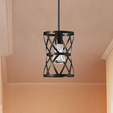 Stylish Vintage Cylinder Cage Pendant Light - Black Metal Ideal For Dining Rooms
