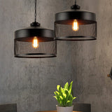 Metal Hanging Light Industrial Style With Black Mesh Drum Shade - Restaurant Pendant Fixture