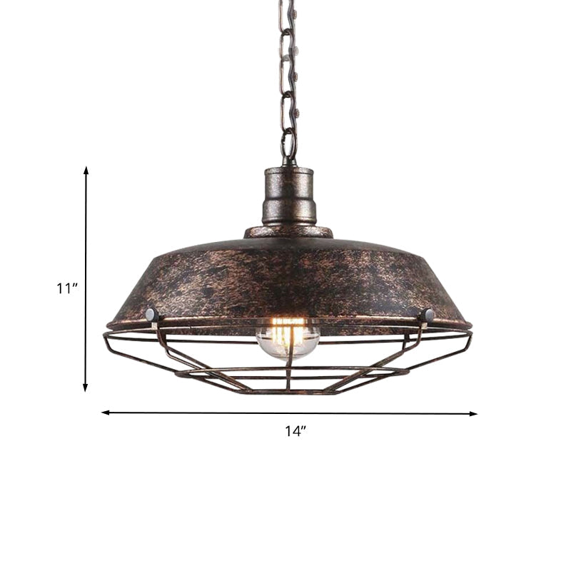 Rustic Wire Cage Pendant Light With Barn Shade In Antique Brass/Rustic Finish 1 10’/14’/18’ Width