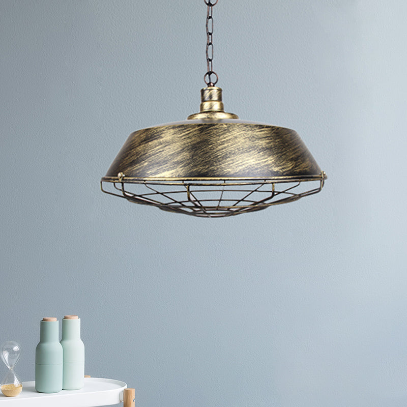 Rustic Wire Cage Pendant Light With Barn Shade In Antique Brass/Rustic Finish 1 10’/14’/18’ Width