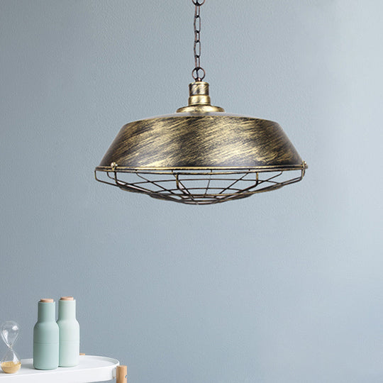 Rustic Wire Cage Pendant Light With Barn Shade In Antique Brass/Rustic Finish 1 10’/14’/18’ Width