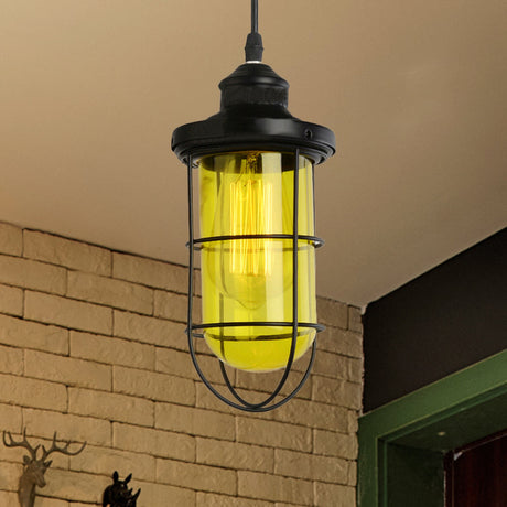 Vintage Black Single-Bulb Pendant Ceiling Light Fixture With Yellow/Green/Clear Glass Cage For