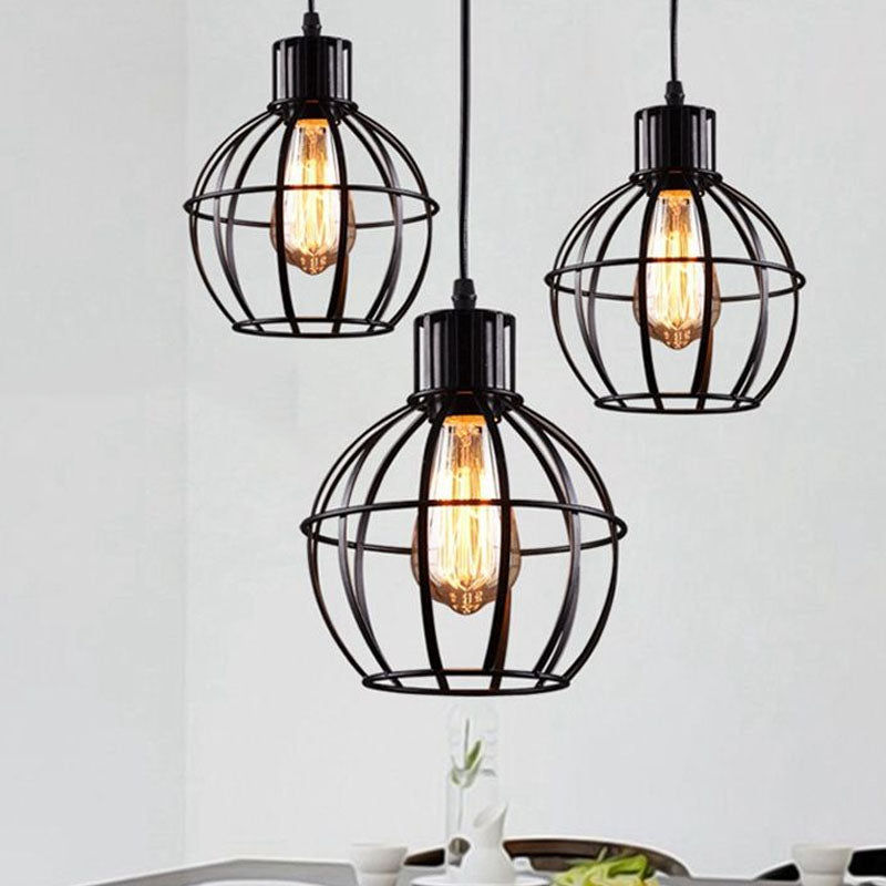 Retro Style Global Cage Pendant Lamp - Metallic Ceiling Fixture For Restaurant In Black