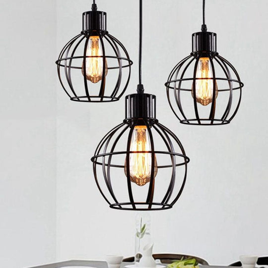 Retro Style Global Cage Pendant Lamp - Metallic Ceiling Fixture For Restaurant In Black