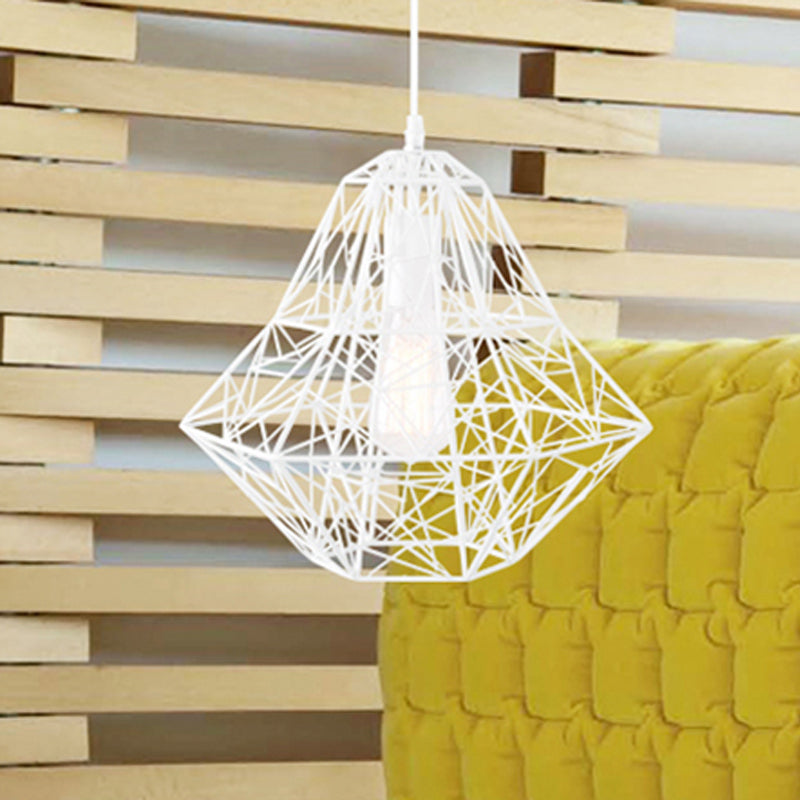 Metallic Industrial Cage Diamond Pendant Lighting - Black/White 1 Head For Dining Room 16’/19.5’ Dia