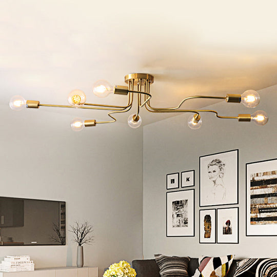 Vintage Metallic Semi Flush Light With Sputnik Design In Antique Brass/Black - Exposed Ceiling