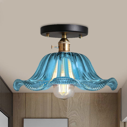 Rustic Ribbed Glass Scalloped Semi Flush Light Red/Blue/Clear 8’/10’/12’ Wide Blue / 10’
