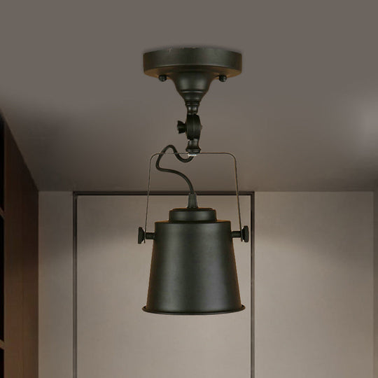 Antique Metal Bucket Shade Ceiling Lamp - Rotatable Semi Flush Pendant Light For Living Rooms 1