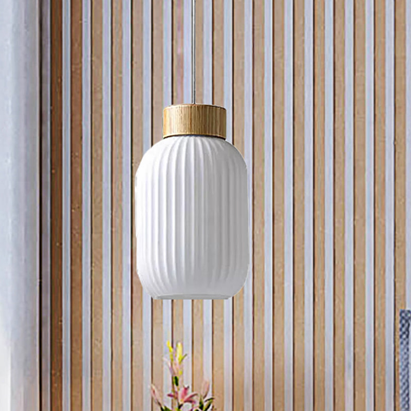 Modern Milk Glass Ribbed Cylinder Pendant Light - 5.5’/8’/12’ 1 White Ceiling Fixture For
