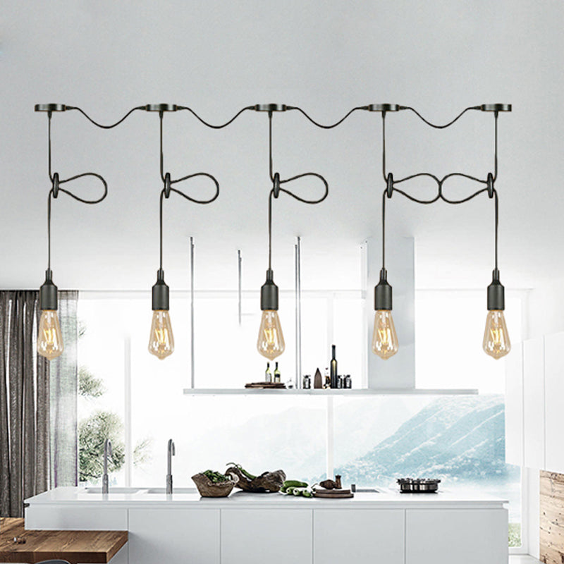 Adjustable Cord Industrial Black Metal Ceiling Light Fixture With 3/5/7-Light Bare Bulb Pendant