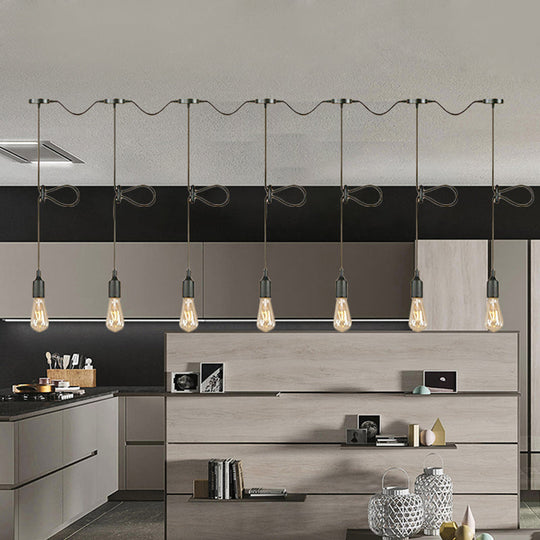 Adjustable Cord Industrial Black Metal Ceiling Light Fixture With 3/5/7-Light Bare Bulb Pendant