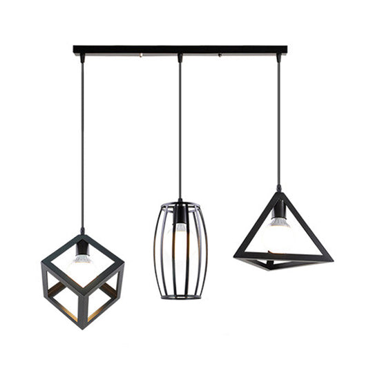 3-Head Pendant Lighting In Black Metal With Retro Stylish Cage Shades For Kitchen Round/Linear