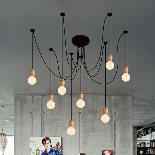 Industrial Wood Dining Room Pendant Lamp With Exposed Bulb And Swag Design