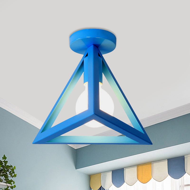 Retro Industrial Wire Cage Ceiling Light With Triangle Shade - 1 Head Metal Lamp In