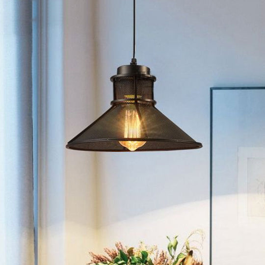 Industrial Mesh Cage Pendant Light With Cone Shade - Rust/Black Finish Ideal For Restaurants Single