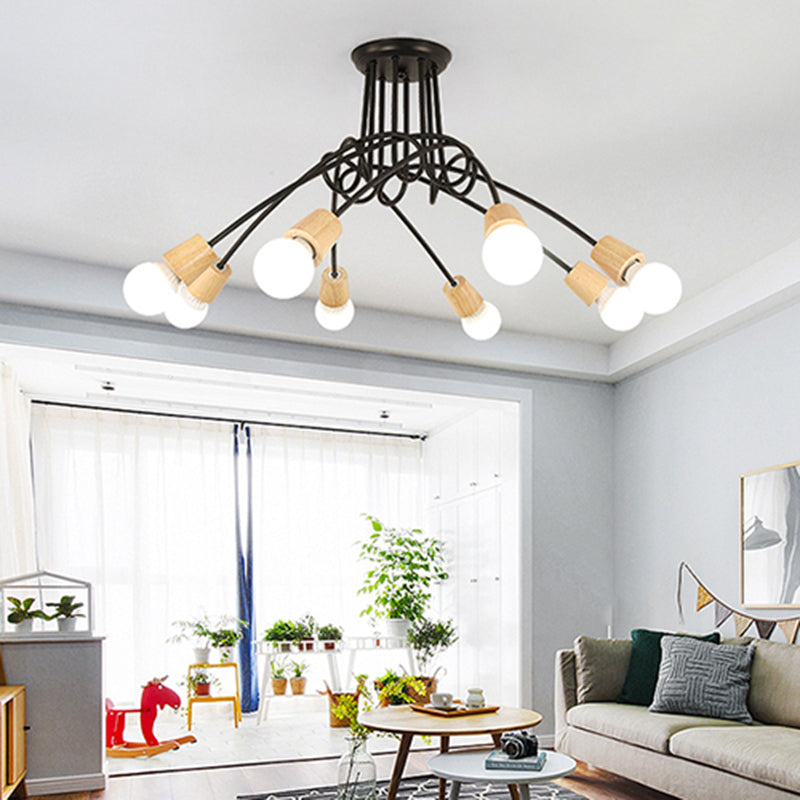 Loft Style Metal Ceiling Light With Open Bulb & Twisted Arm – 3/5 Lights Wood Accent Perfect For