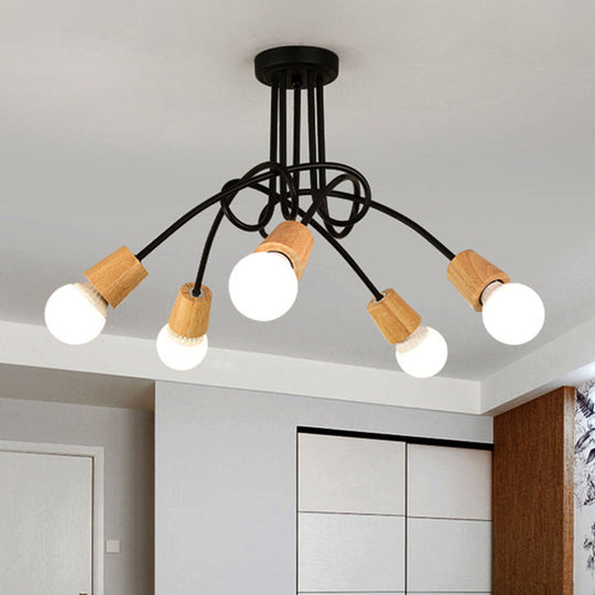 Loft Style Metal Ceiling Light With Open Bulb & Twisted Arm – 3/5 Lights Wood Accent Perfect For
