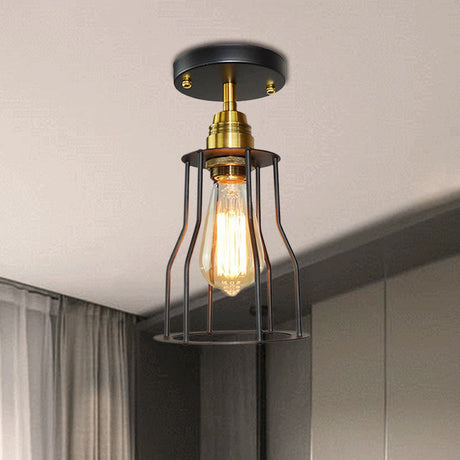 Industrial Style Wire Guard Ceiling Light - Metallic Semi Flush Brass/Antique Brass Hallway Lighting