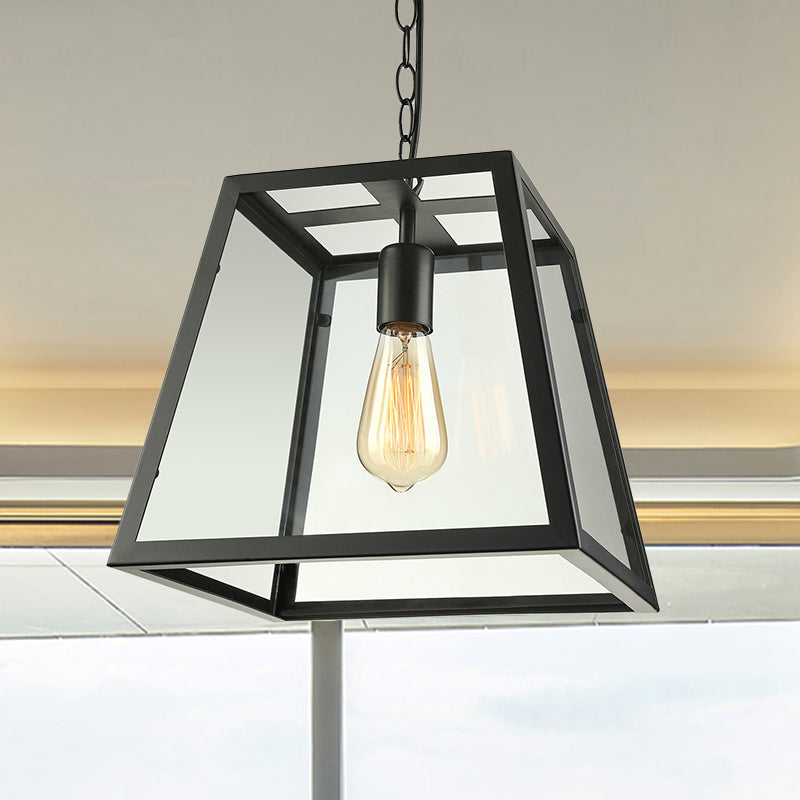 Industrial Trapezoid Pendant Light With Clear Glass & Black Finish 7’/12’ Wide
