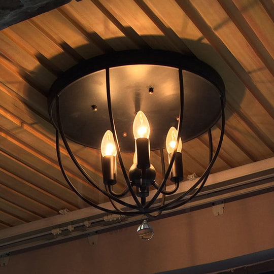Retro Black Metallic Flush Mount Ceiling Light With Wire Cage And Clear Crystal Ball - 1/4/5 Heads