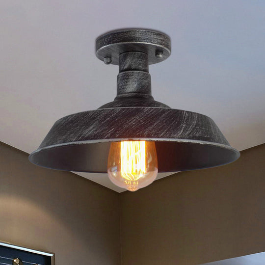Barn Shade Semi-Flush Mount Ceiling Light In Aged Silver/Weathered Copper For Farmhouse Decor