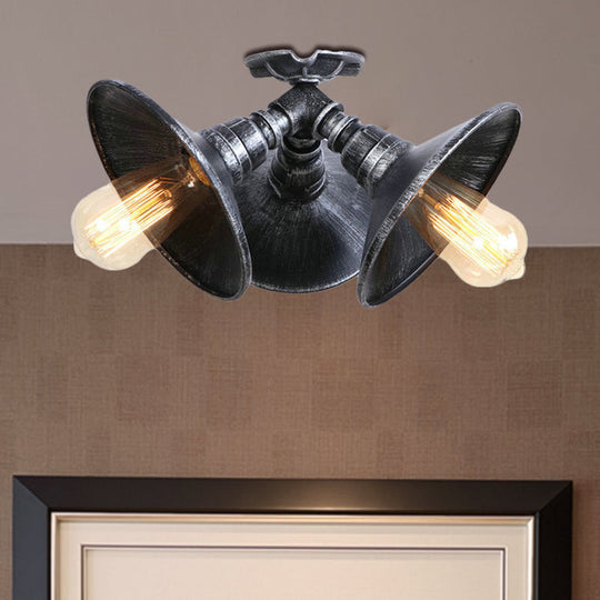Antique Bronze/Aged Silver Ceiling Light With Stylish Wrought Iron Finish - 3 Heads Semi Flush