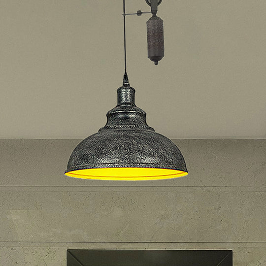 Rustic Industrial Dome Pendant Lamp With Pulley - 1 Light Brown/Grey Fixture For Living Room
