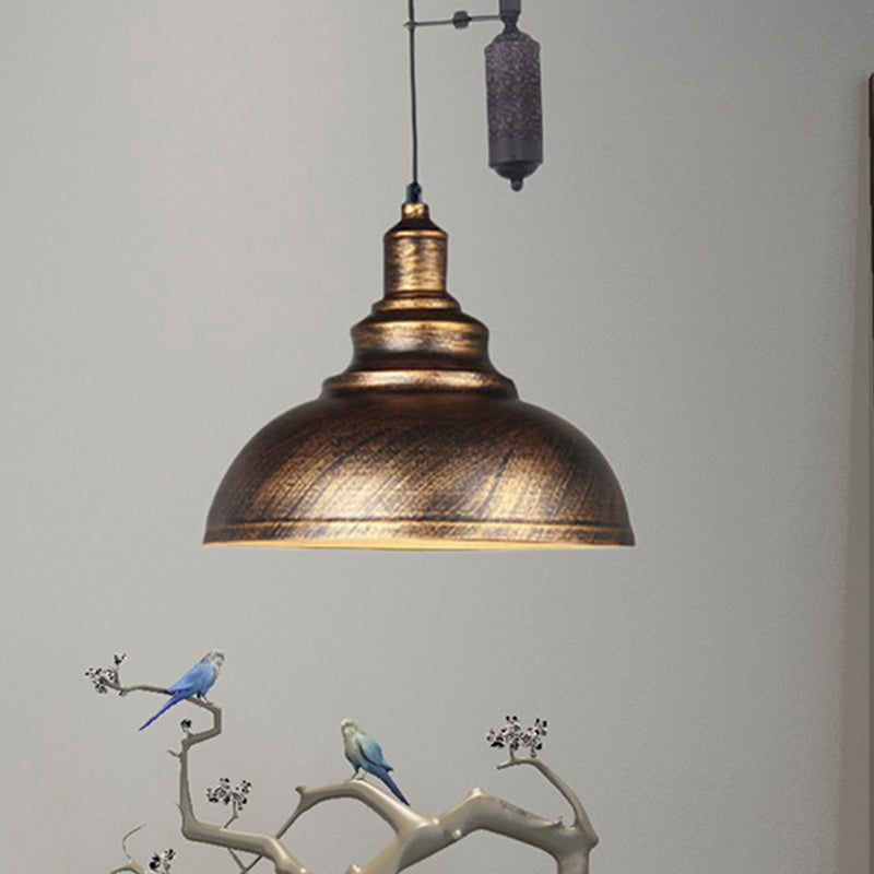 Rustic Industrial Dome Pendant Lamp With Pulley - 1 Light Brown/Grey Fixture For Living Room