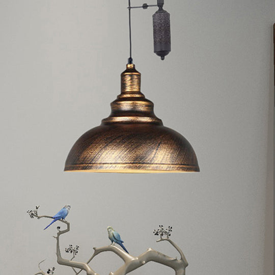 Rustic Industrial Dome Pendant Lamp With Pulley - 1 Light Brown/Grey Fixture For Living Room