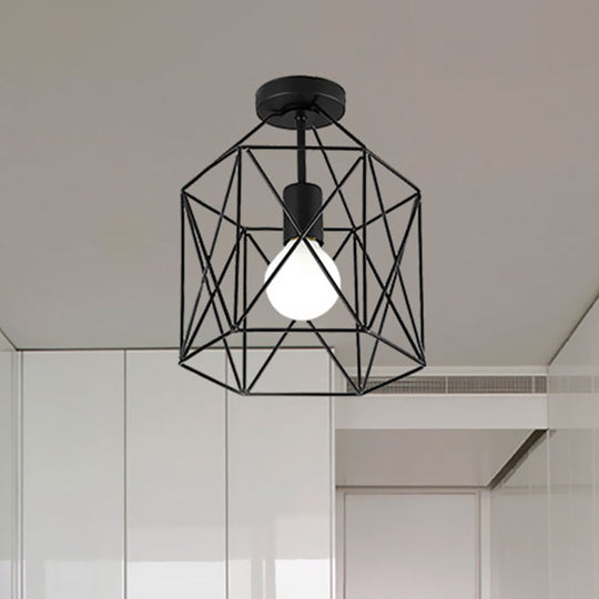 Geometric Cage Semi - Flush Ceiling Fixture - Industrial Black Metallic Finish Balcony Lighting