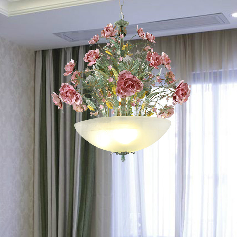 Green Metal Bowl Chandelier - Romantic Pastoral 5/7 Bulb Dining Room Drop Lamp With Rose Accents 5 /