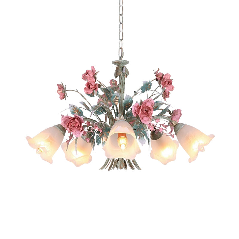 Green Metal Chandelier Light Fixture - Countryside Rose Down Lighting For Living Room (5/8 Bulbs)