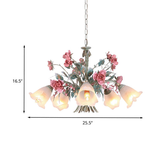 Green Metal Chandelier Light Fixture - Countryside Rose Down Lighting For Living Room (5/8 Bulbs)