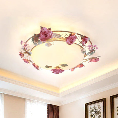 Rustic Metal Bowl Ceiling Lamp With Flower Decor - Flush Mount Light Fixture For Dining Room White